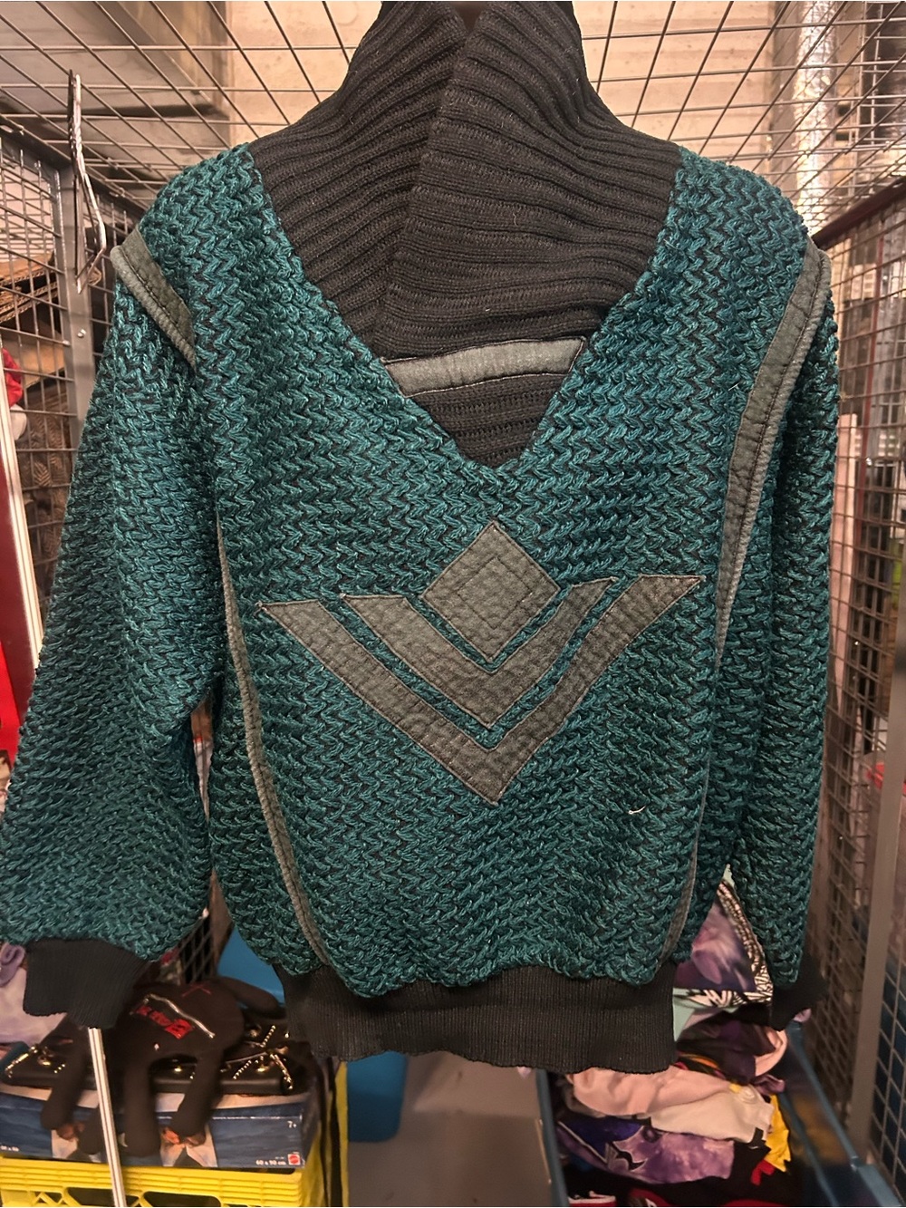 Incredible 80’s Vintage Teal Chevron V‑Neck collar Knit leather trim sweater XL
